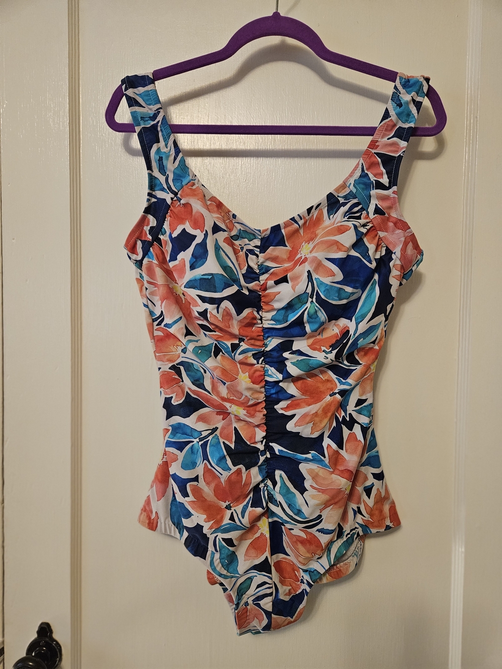 Maxine of Hollywood Navy Floral Ruched One-Piece with Coral & Teal Accents